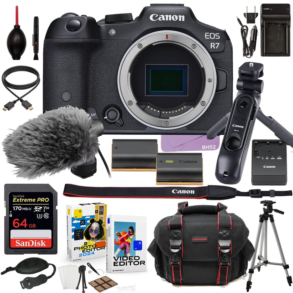 Canon EOS R7 Mirrorless Camera (Body Only) Content Vlogging Kit with DM-E100 Microphone & HG-100TBR Tripod Grip + 64GB Extreme Accessory Bundle (30 Items) (Renewed)