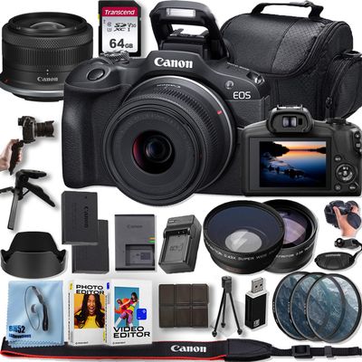 Canon EOS R100 Mirrorless Camera with Canon RF-S 18-45mm f/4.5-6.3 is STM Lens+Tripod+64GB Memory Card+Telephoto+Wide Angle Lenses +3pcs (UV/CPL/FLD) Filter Kit + Deluxe Accessory Bundle (Renewed)