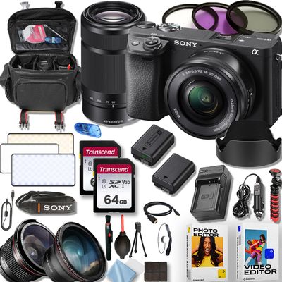 Sony a6400 24.1MP 4K Video Recording Camera with Sony E PZ 16-50mm f/3.5-5.6 and Sony E 55-210mm f/4.5-6.3 OSS Lenses, 50 LED Light, Photo/Video Software Kit+Deluxe Accessory Bundle (Renewed)