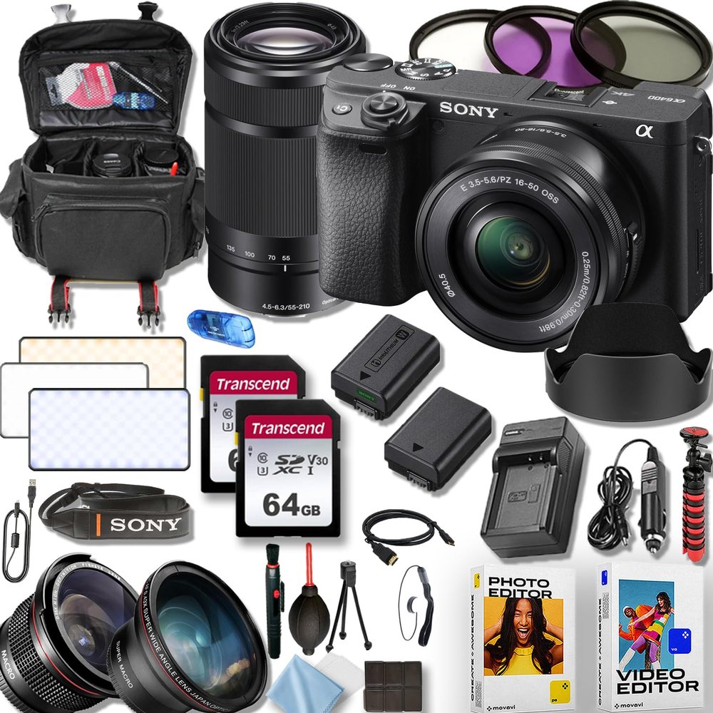 Sony a6400 24.1MP 4K Video Recording Camera with Sony E PZ 16-50mm f/3.5-5.6 and Sony E 55-210mm f/4.5-6.3 OSS Lenses, 50 LED Light, Photo/Video Software Kit+Deluxe Accessory Bundle (Renewed)