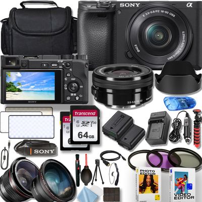 Sony a6400 24.1MP 4K Video Recording Camera with Sony E PZ 16-50mm f/3.5-5.6 OSS Lens, 50 LED Light, 2X64GB PRO Memory, Photo/Video Software Kit+Deluxe Accessory Bundle (Renewed)
