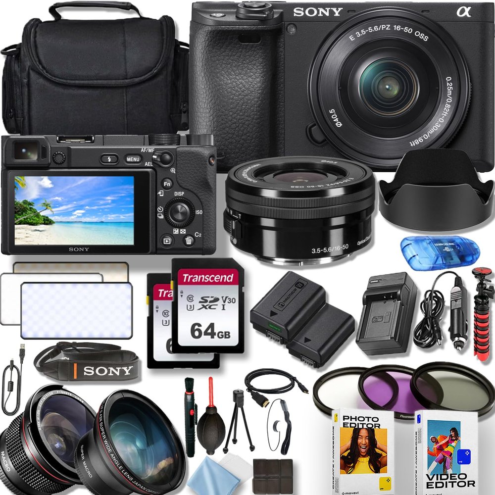 Sony a6400 24.1MP 4K Video Recording Camera with Sony E PZ 16-50mm f/3.5-5.6 OSS Lens, 50 LED Light, 2X64GB PRO Memory, Photo/Video Software Kit+Deluxe Accessory Bundle (Renewed)