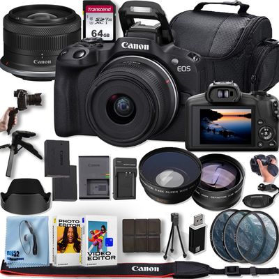 Canon EOS R50 Mirrorless Camera with Canon RF-S 18-45mm f/4.5-6.3 is STM Lens+Tripod+64GB Memory Card+Telephoto+Wide Angle Lenses +3pcs (UV/CPL/FLD) Filter Kit + Deluxe Accessory Bundle (Renewed)