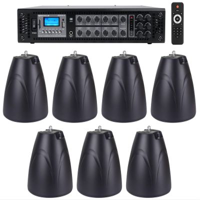 Rockville Bundle RCS180-6 180 Watt 6 Zone 70v Commercial/Amp/Bluetooth Bundle with (7) PEN-65T Black 6.5" 70V Hanging Pendant Speaker Commercial (8 Items)