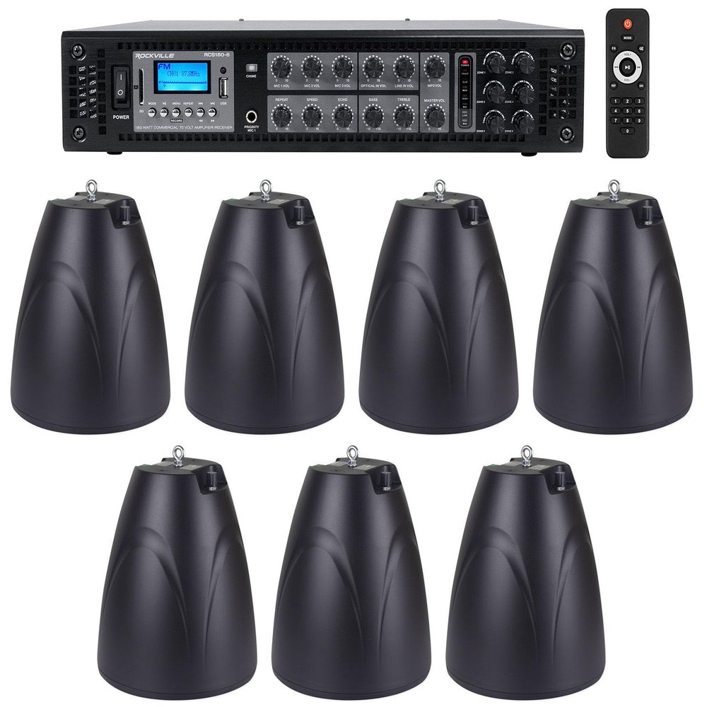 Rockville Bundle RCS180-6 180 Watt 6 Zone 70v Commercial/Amp/Bluetooth Bundle with (7) PEN-65T Black 6.5" 70V Hanging Pendant Speaker Commercial (8 Items)