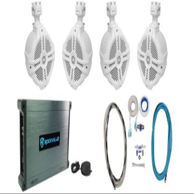 Rockville Bundle DBM45 Marine/Boat Amplifierr Bundle RMWK4 Marine Amp Install Wire Kit & (2) Pair RWB70W White 6.5" 250w Marine Tower Speaker (6 Items)