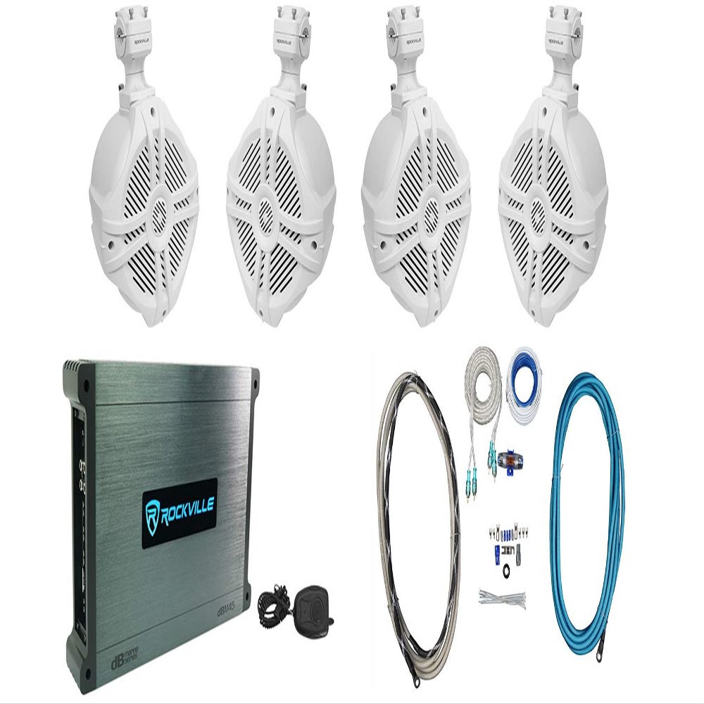 Rockville Bundle DBM45 Marine/Boat Amplifierr Bundle RMWK4 Marine Amp Install Wire Kit & (2) Pair RWB70W White 6.5" 250w Marine Tower Speaker (6 Items)