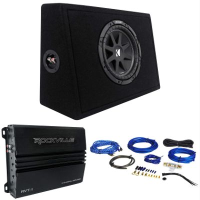 Audiosavings Bundle: Kicker 43TC104 Comp 10" Subwoofer in Sub Box Bundle with Rockville RVT-1 1000w RMS 2 Ch. Amplifier & Rockville RWK81 Complete Amp Installation Wire Kit (3 Items)