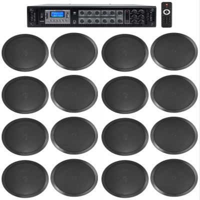 Rockville RCS350-6 Bundle: 350-Watt 6 Zone 70V Commercial Amplifier with Bluetooth, (16) CC80T Black 8 in 2-Way 70V Ceiling Speakers for Restaurant Bar Audio System, 17-Items