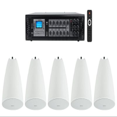 Rockville RCS180-6 6-Zone Commercial Amp with 5 White PEN-65T Speakers