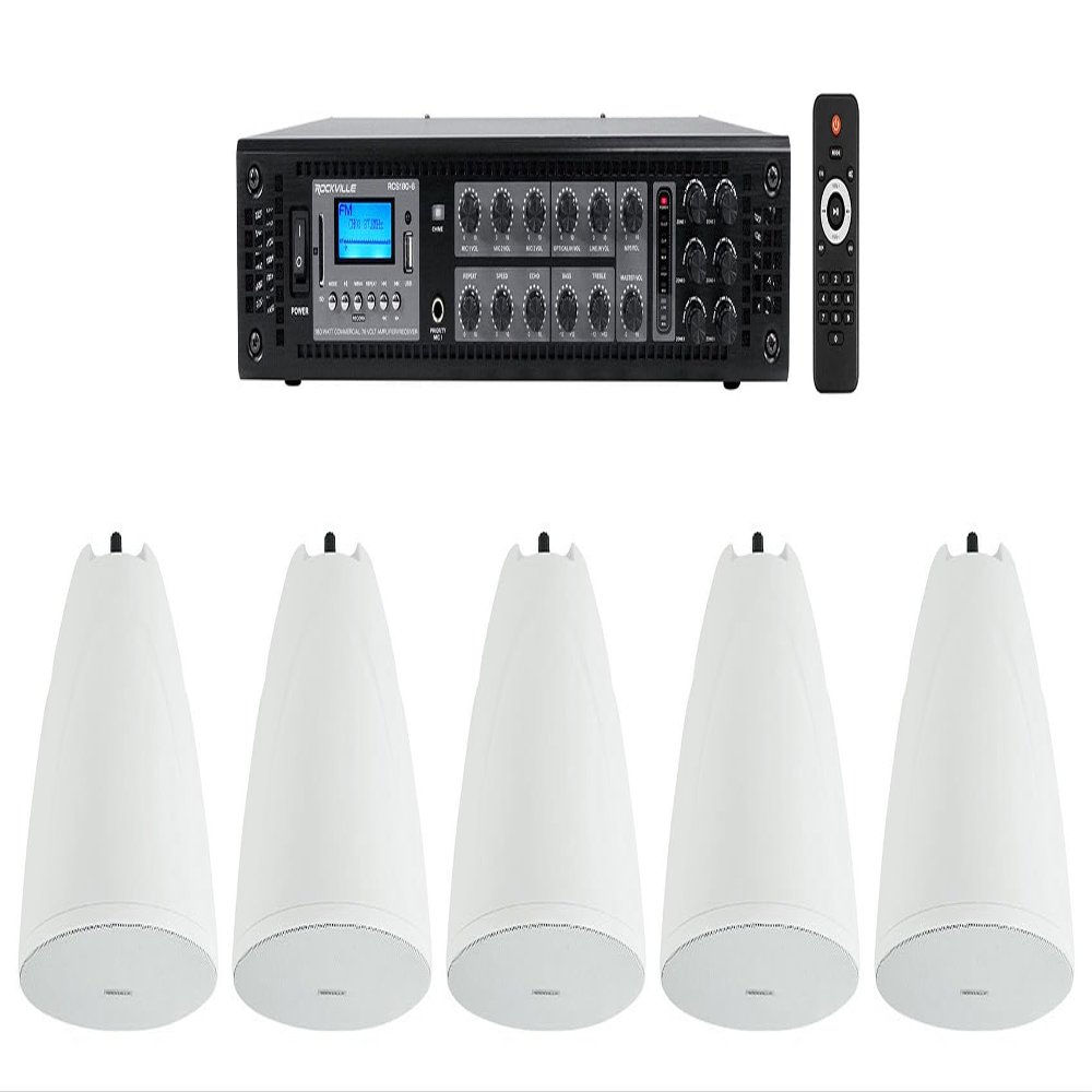 Rockville RCS180-6 6-Zone Commercial Amp with 5 White PEN-65T Speakers
