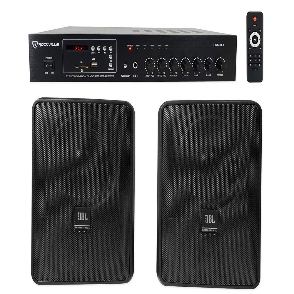 Audiosavings Bundle:Rockville RCS80-1 60 Watt 70v Commercial Amp/Bluetooth Receiver Bundle with (2) JBL Control 25-1 5.25" 30w 70v Wall-Mount Commercial Bar Speakers (3 Items)