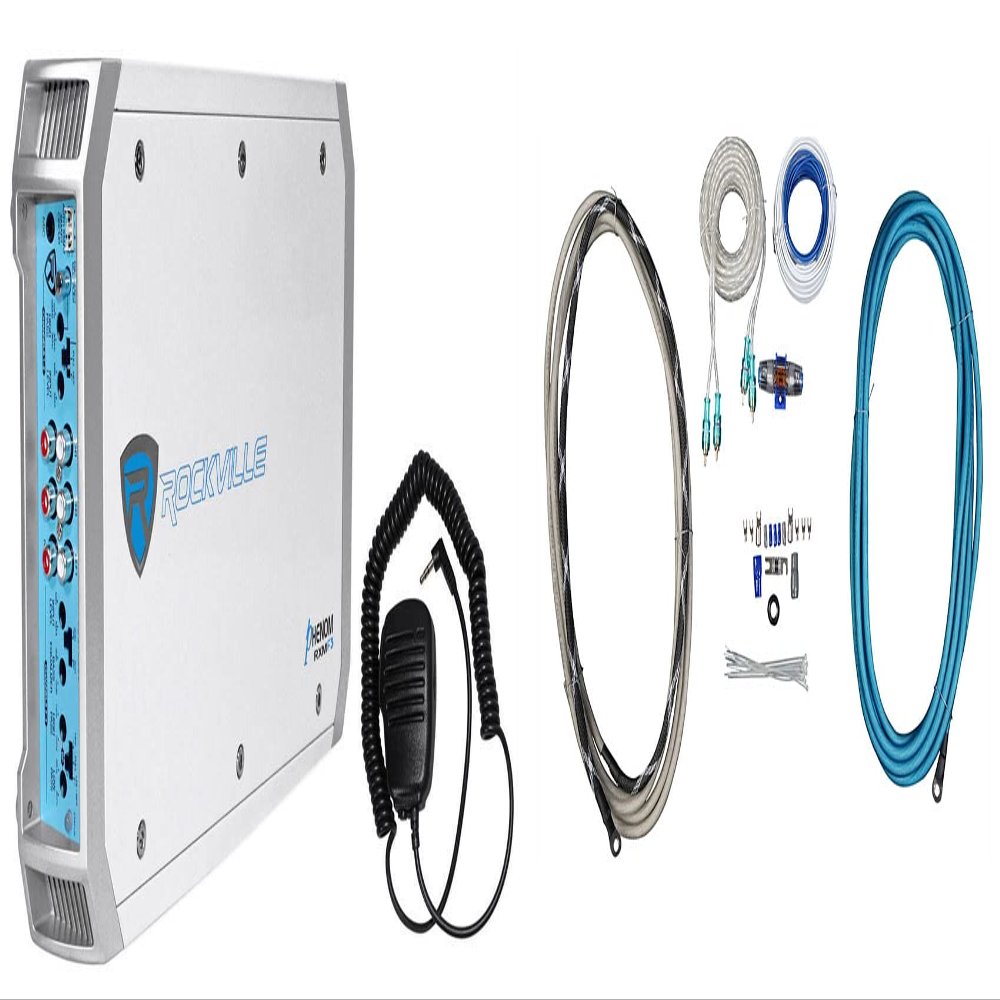 Rockville RXM-F3 Bundle: 1600-Watt 4-Channel Marine/Boat Amplifier with PA Microphone, RMWK4 4 AWG Waterproof Marine Amp Installation Wire Kit for Boat Audio and Powersports Sound System, 2-Items