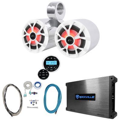 Rockville RKL65MBW Bundle: (2) 6.5 in 700W Marine Speakers with LED & Grilles, DBM25 1500W Marine Amp, DMAC65S Dual 6.5 in Wakeboard Tower Enclosure, RGHR2 Marine Receiver with Bluetooth, 6-Items