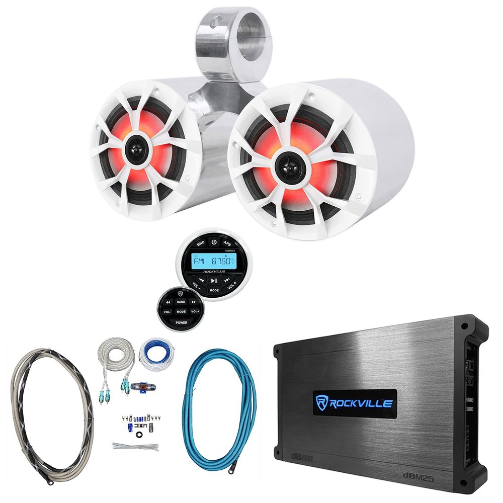 Rockville RKL65MBW Bundle: (2) 6.5 in 700W Marine Speakers with LED & Grilles, DBM25 1500W Marine Amp, DMAC65S Dual 6.5 in Wakeboard Tower Enclosure, RGHR2 Marine Receiver with Bluetooth, 6-Items
