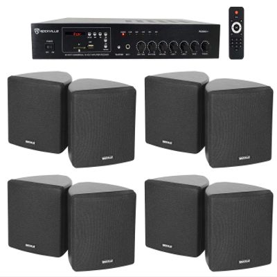 Rockville RCS80-1 70V Restaurant Bluetooth Amp with 8 Black Cube Speakers