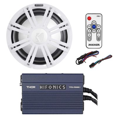 Audiosavings Bundle: Kicker 45KMF102 Marine Boat Subwoofer Bundle with Kicker 45KMG10W White Grille & Kicker 41KMLC KMLC LED Light Controller, Hifonis TPS-A500.1 Marine Apmlifier (4 Items)