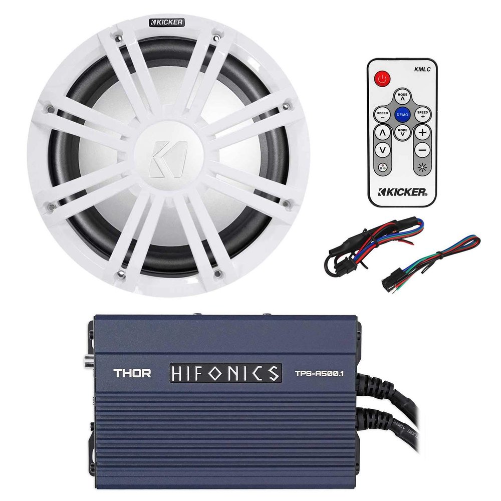 Audiosavings Bundle: Kicker 45KMF102 Marine Boat Subwoofer Bundle with Kicker 45KMG10W White Grille & Kicker 41KMLC KMLC LED Light Controller, Hifonis TPS-A500.1 Marine Apmlifier (4 Items)
