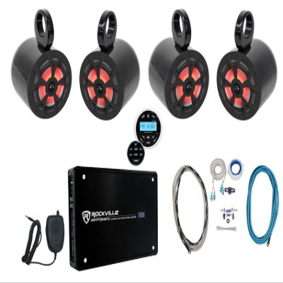 Rockville RKL65MBW Bundle: (4) 6.5 in 85W RMS/700W Peak 4-Ohm Marine LED Speakers, (4) MAC65B Wakeboard Tower Enclosures 7.39" Dia x 11" H, Krypton MF3 1600W Amp, RGHR2 Receiver, RMWK4 Kit, 11-Items