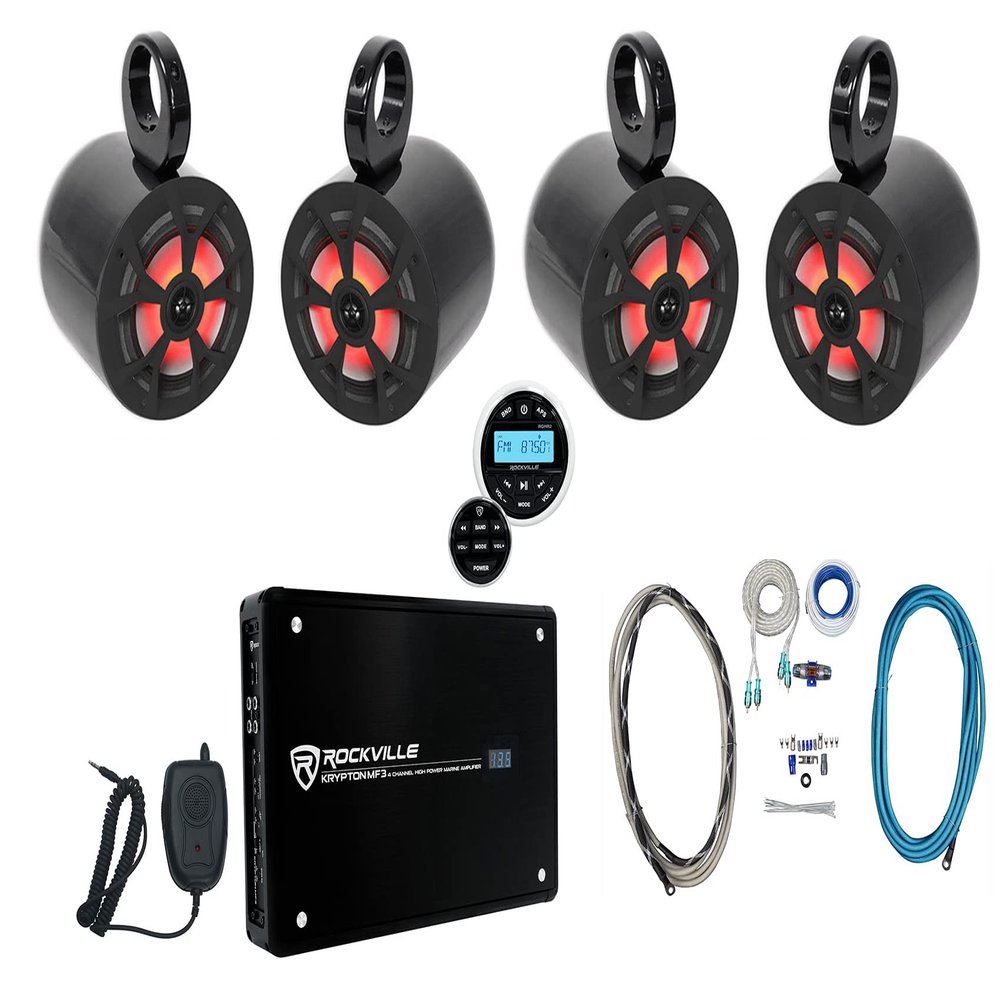 Rockville RKL65MBW Bundle: (4) 6.5 in 85W RMS/700W Peak 4-Ohm Marine LED Speakers, (4) MAC65B Wakeboard Tower Enclosures 7.39" Dia x 11" H, Krypton MF3 1600W Amp, RGHR2 Receiver, RMWK4 Kit, 11-Items