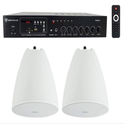 Rockville Bundle: (1) RCS80-1 60 Watt 70v Commercial/Restaurant Amplifier/Bluetooth Receiver+(2) PEN-65T White 6.5" 70V Hanging Pendant Speaker Commercial/Restaurant (3 Item)