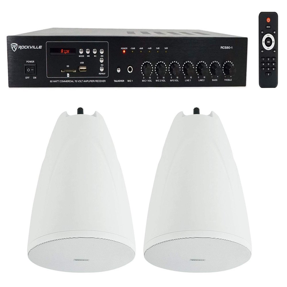 Rockville Bundle: (1) RCS80-1 60 Watt 70v Commercial/Restaurant Amplifier/Bluetooth Receiver+(2) PEN-65T White 6.5" 70V Hanging Pendant Speaker Commercial/Restaurant (3 Item)