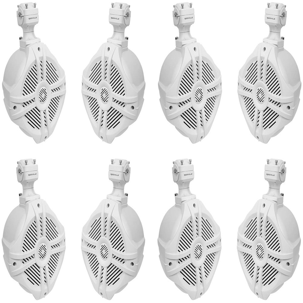 Rockville RWB70W White 6.5 in 500W Peak / 300W RMS Per Pair Marine Wakeboard 360 Swivel Tower Speakers, for Boats and Outdoor Audio Systems, 4-Pairs