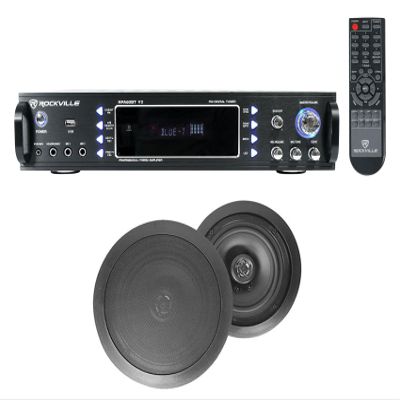 Rockville RPA60BT Bundle: 1000 Watt 2-Channel USB Bluetooth Karaoke Amplifier/Mixer, (2) HC85 Black 8 in 700 Watt in-Ceiling Home Theater Speakers, 3-Items