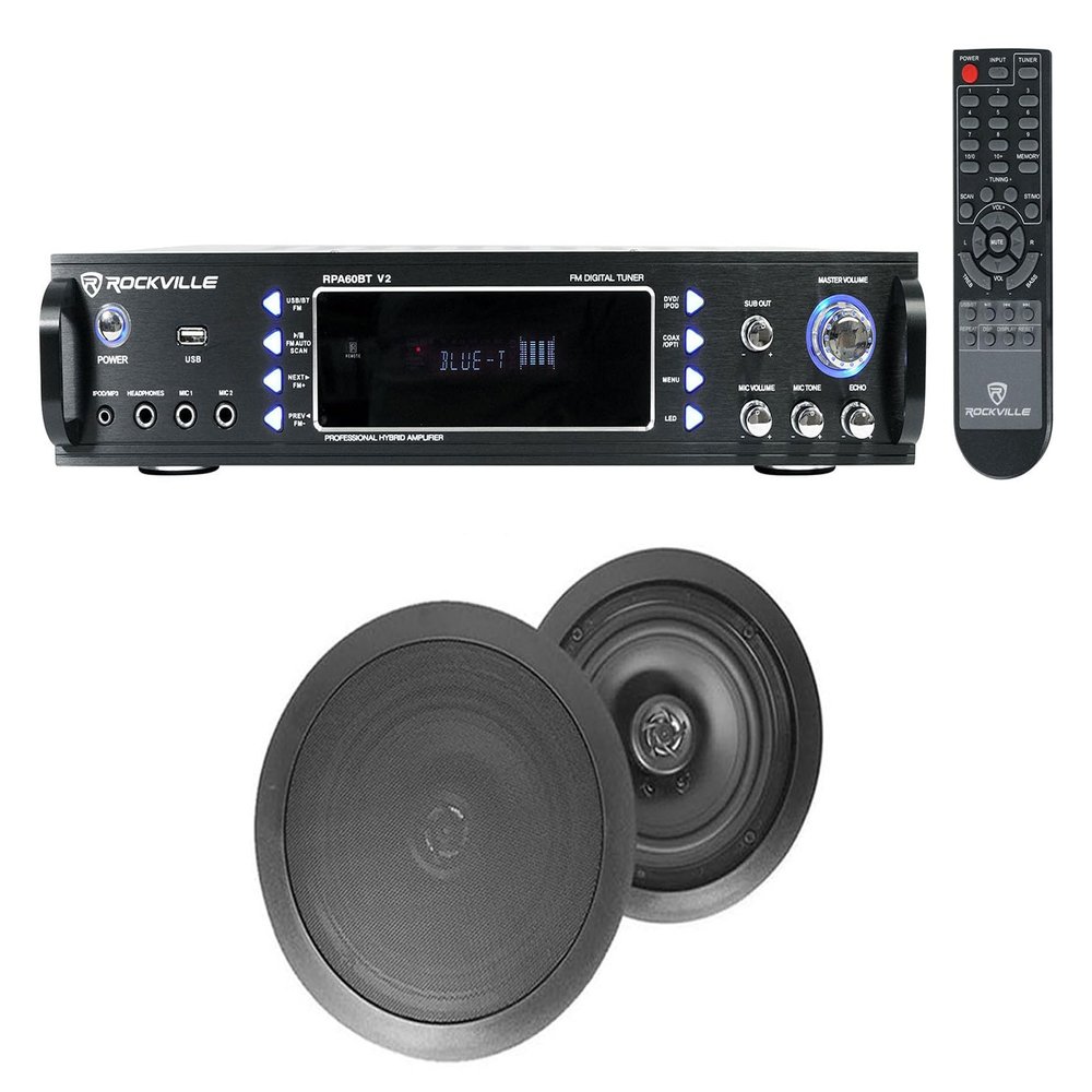 Rockville RPA60BT Bundle: 1000 Watt 2-Channel USB Bluetooth Karaoke Amplifier/Mixer, (2) HC85 Black 8 in 700 Watt in-Ceiling Home Theater Speakers, 3-Items