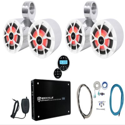 Rockville RKL65MBW Bundle: (4) 6.5 in Marine LED Boat Speakers, (2) Dual Aluminum Wakeboard Tower Enclosures, Krypton MF3 4 Channel Amplifier, RGHR2 Bluetooth Receiver, RMWK4 Amp Wire Kit, 9-Items