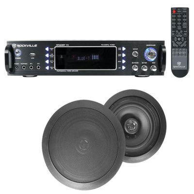 Rockville HC655 Bundle: 6.5 in-Ceiling Speakers Pair 250W Peak / 80W RMS Each, RPA60BT V2 1000W 2-Channel Bluetooth USB Karaoke Amp, Paintable Grills, 2-Items