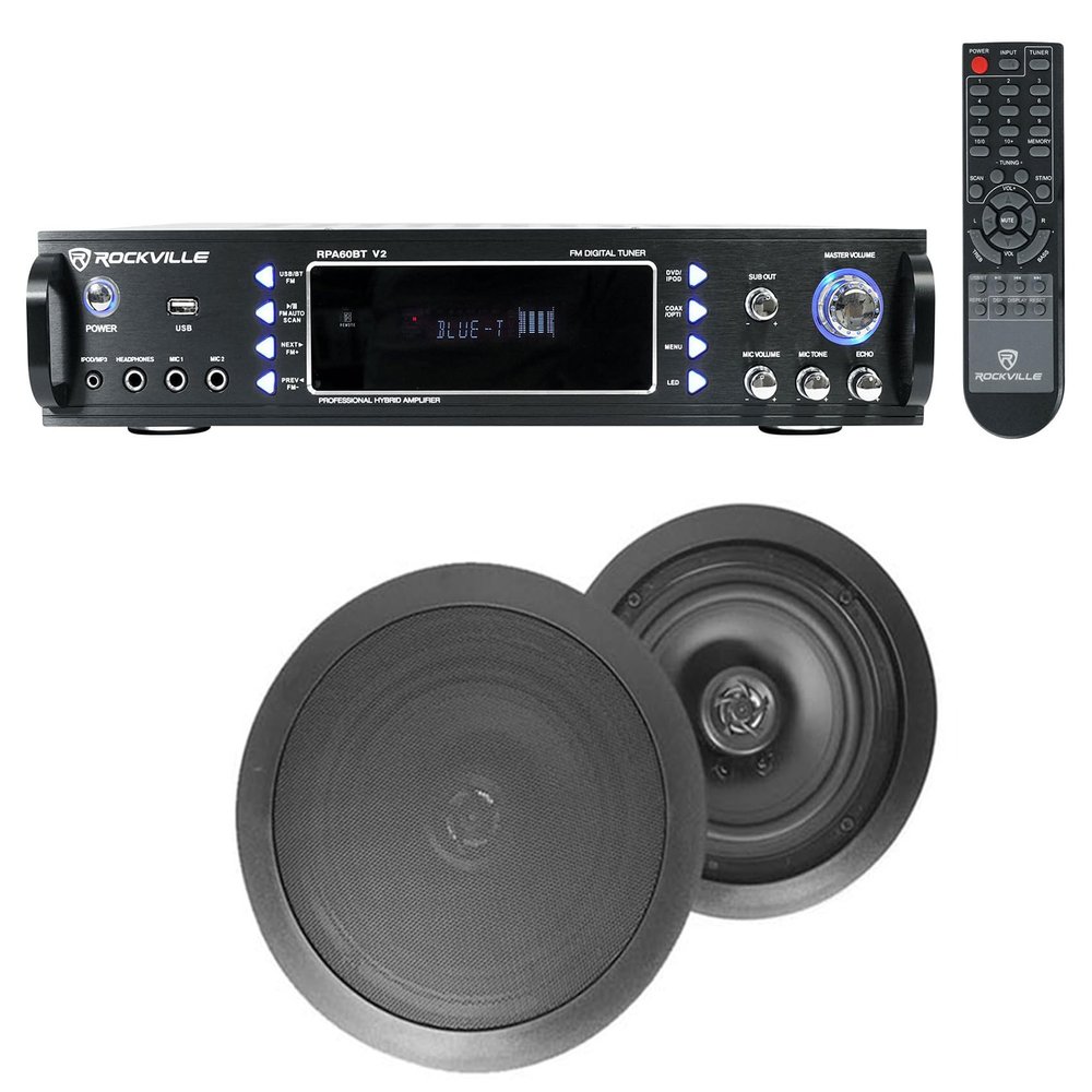 Rockville HC655 Bundle: 6.5 in-Ceiling Speakers Pair 250W Peak / 80W RMS Each, RPA60BT V2 1000W 2-Channel Bluetooth USB Karaoke Amp, Paintable Grills, 2-Items