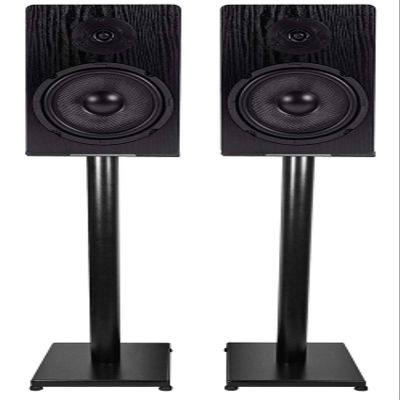 Rockville RockShelf 68B Bundle: Pair 6.5 in Black Home Bookshelf Speakers 50W RMS / 200W Peak Each, 8 Ohm, Pair RS29B 29 in Steel Stands with Adjustable Feet for Surround Sound, 4-Items