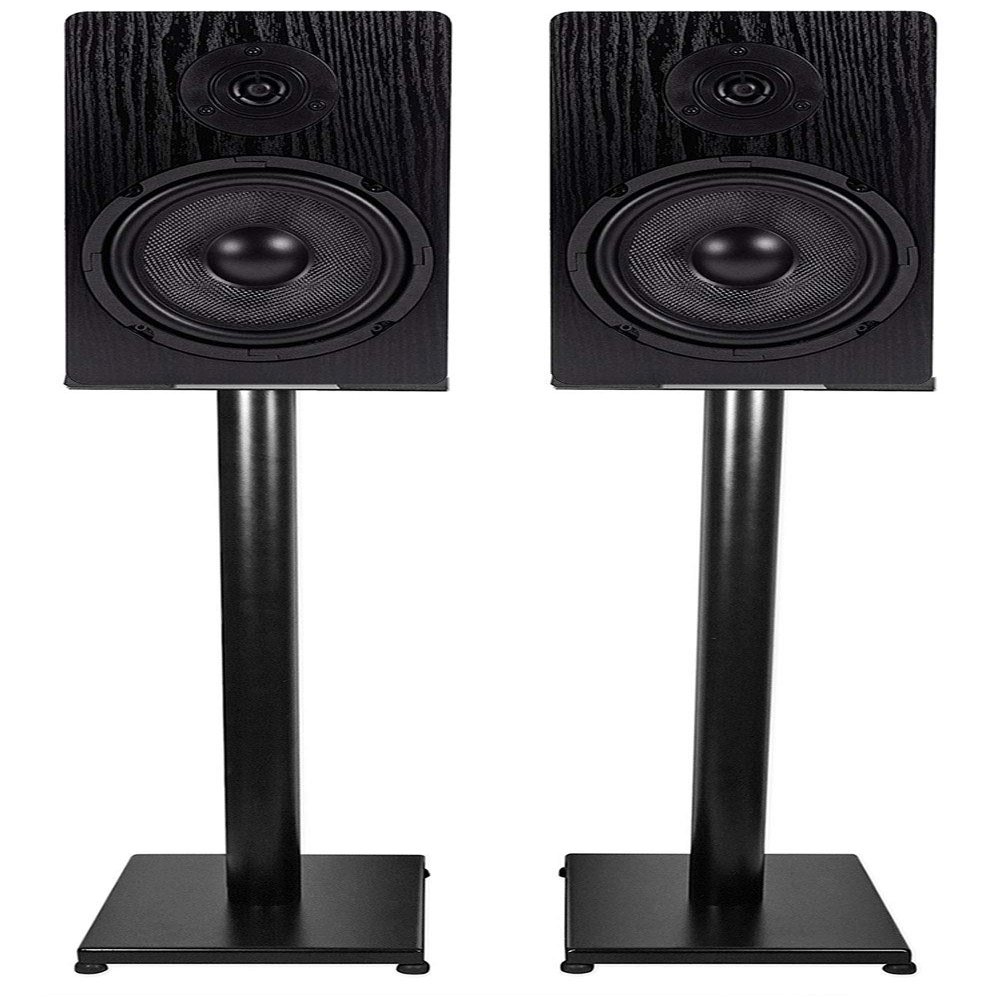 Rockville RockShelf 68B Bundle: Pair 6.5 in Black Home Bookshelf Speakers 50W RMS / 200W Peak Each, 8 Ohm, Pair RS29B 29 in Steel Stands with Adjustable Feet for Surround Sound, 4-Items