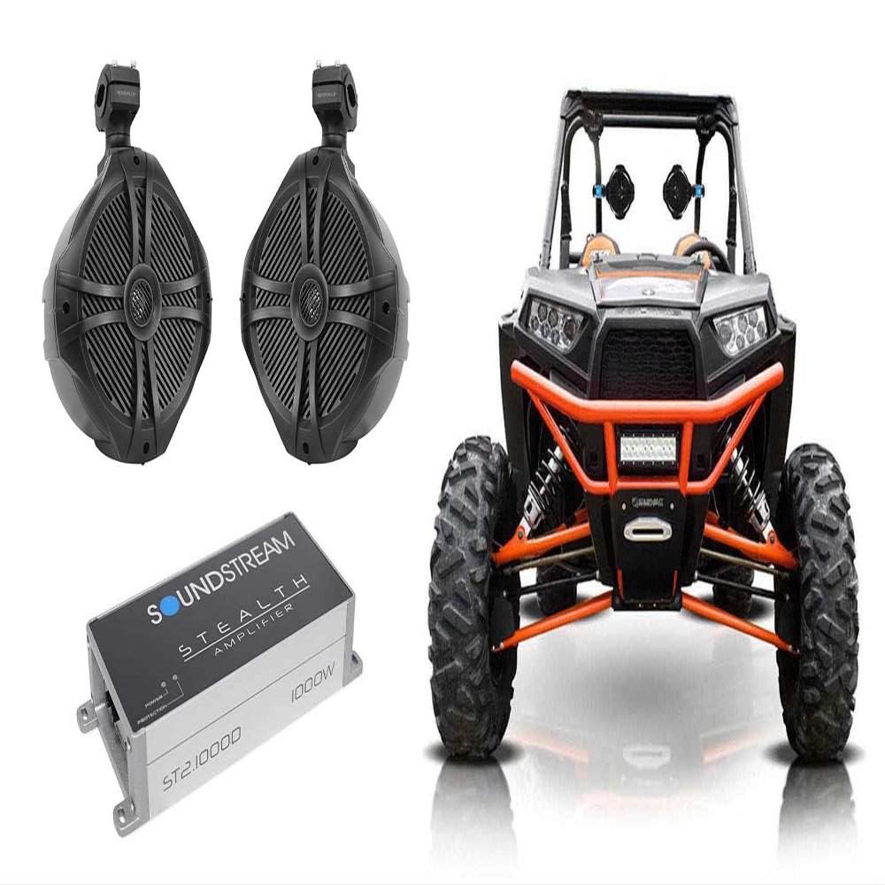 Rockville Audiosavings Bundle: (1) Pair RWB90B Black 8" Marine Wakeboard Swivel Tower Speakers Bundle with Soundstream ST2.1000D 1000w 2-Channel Amplifier Amp for Polaris RZR/ATV/UTV (3 Items)