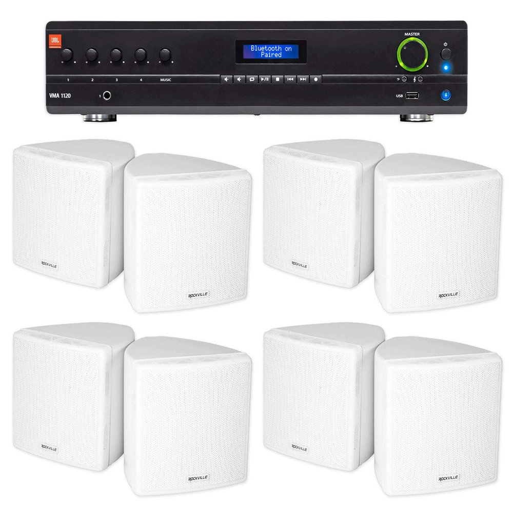 Audiosavings Bundle: JBL VMA1120 Commercial 120W 70v Bluetooth Amplifier, 5 Inputs Bundle with (4) Cube by Rockville Pair of 3.5" White Commercial 70v Swivel Wall Mount Speakers (9 Items)