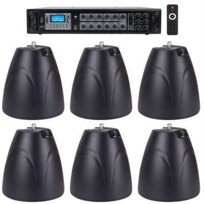 Rockville RCS180-6 Commercial Amp with 6 Black Hanging Pendant Speakers