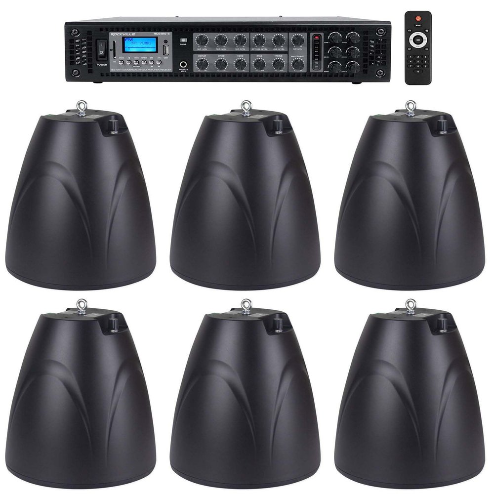 Rockville RCS180-6 Commercial Amp with 6 Black Hanging Pendant Speakers