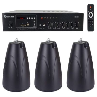 Rockville RCS80-1 Commercial Amp with 3 PEN-65T Black Pendant Speakers