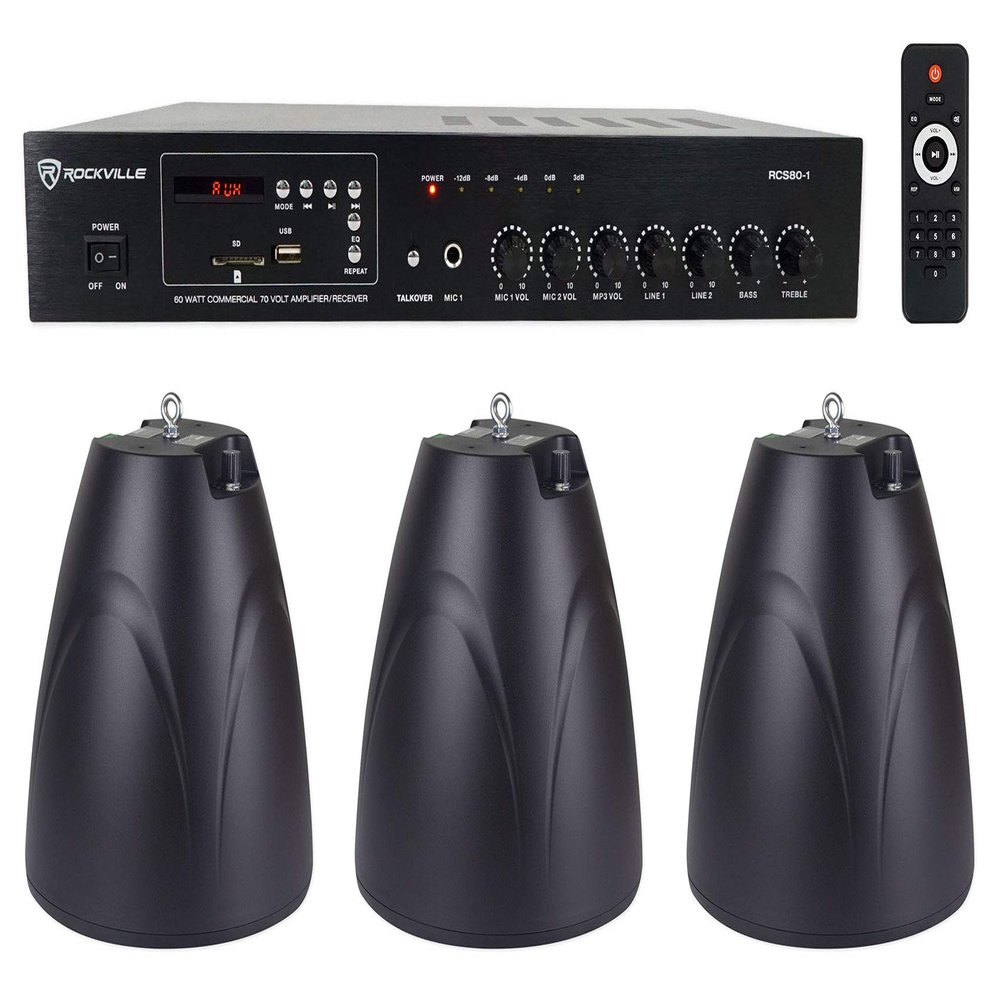 Rockville RCS80-1 Commercial Amp with 3 PEN-65T Black Pendant Speakers