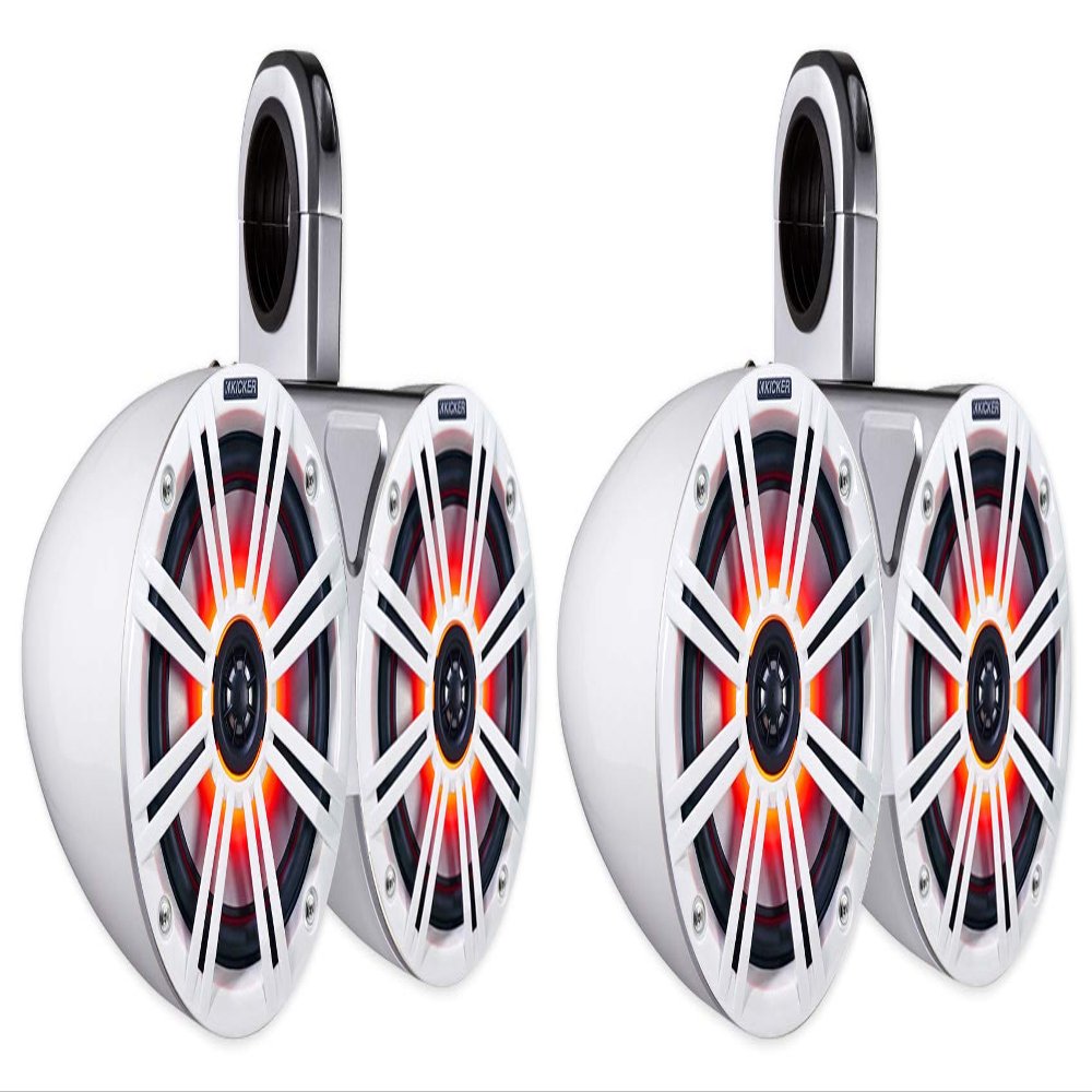 Audiosavings Bundle: (1) Pair Kicker 12KMTEDW White Dual 6.5" Speaker Wakeboard Tower Enclosures KMTED Bundle with (4) Kicker 45KM654L 6.5" 390w Marine LED Speakers w/Charcoal (6 Items)