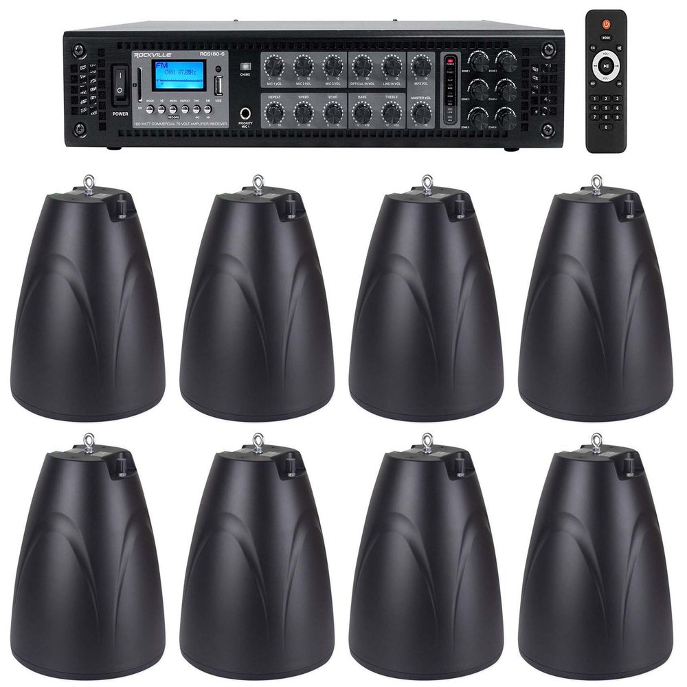 Rockville RCS180-6 Restaurant 6-Zone 70V Amplifier with 8 Pendant Speakers