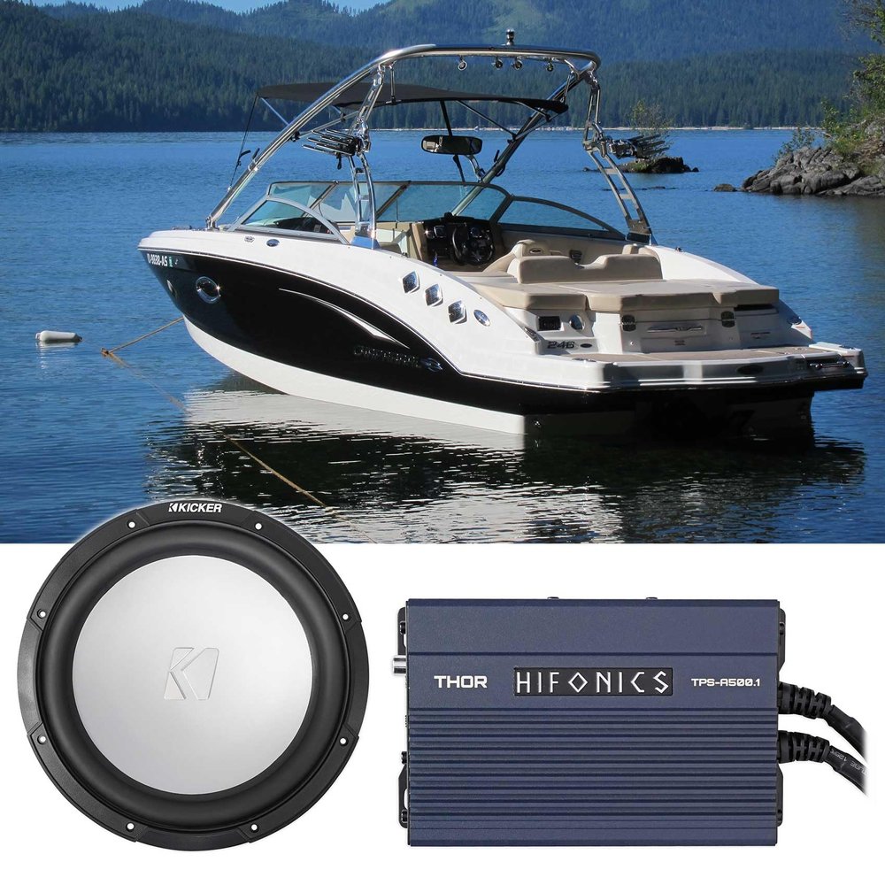 Audiosavings Bundle (1) Kicker 45KM102 10" 350w Peak/175w RMS Marine Boat Subwoofer SVC Sub KM10 Bundle with (1) Hifonics TPS-A500.1 Mono Marine Sub Amp for Polaris RZR/ATV/UTV/Cart (Items 2)
