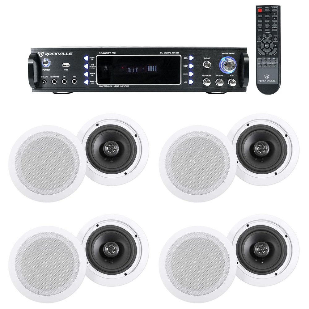 Rockville RPA60BT V2 Bundle: 1000W 2-Channel USB Bluetooth Karaoke Amplifier Mixer, (4) Pair HC655-16 6.5" 500W in-Ceiling Home Theater Speakers, 9-Items