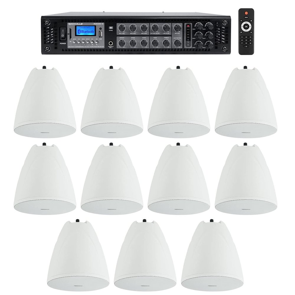 Rockville RCS350-6 350W 6-Zone 70V Restaurant Amp with 11 Pendant Speakers
