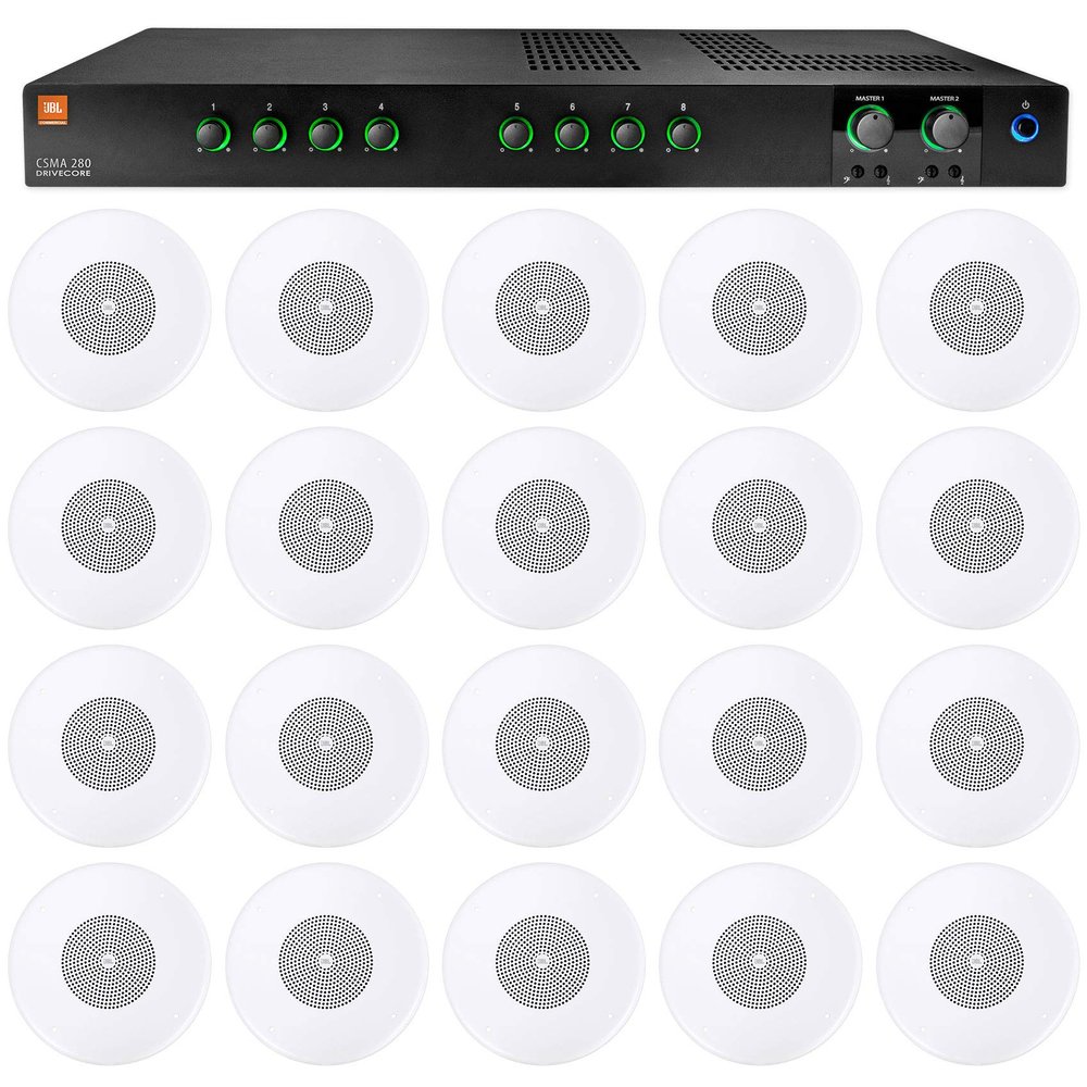 Audiosavings Bundle: JBL CSMA280 Commercial/Restaurant 2 x 80w Amplifier 4ohm/8ohm/70V/100V, 8 inputs Bundle with (20) JBL CSS8004 4" Commercial 70V/100V 5w Ceiling Speaker 4 Restaurant (21 Items)
