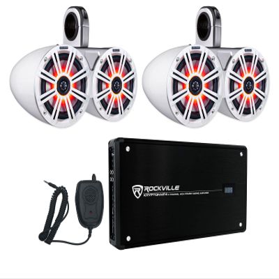 Audiosavings Bundle: (1) Pair Kicker 12KMTEDW Speaker Tower Bundle with (4) 43KM654LCW Kicker Marine LED Speakers & Rockville Krypton MF4 Marine Amp, (7 Items)