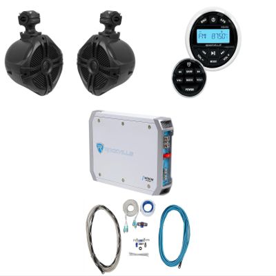 Rockville RGHR2 Bundle: Marine Bluetooth Gauge Hole Receiver with USB, Radio, Wired Remote, Pair RWB70B 6.5" Wakeboard Speakers, RXM-T1 1500W Peak 2-Channel Amp, RMWK4 Wire Kit, 5-Items