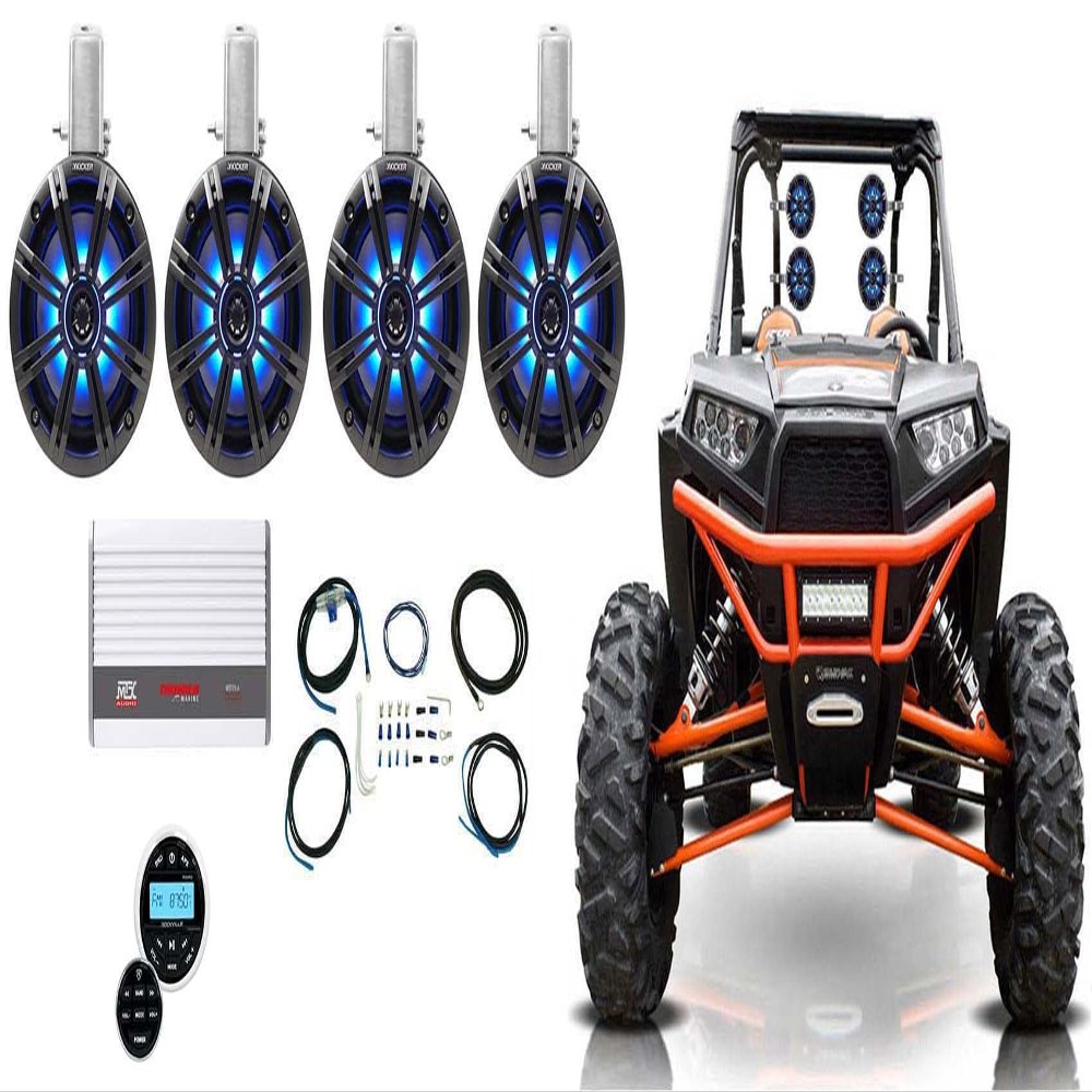 Audiosavings Bundle (2) Pair Kicker 45KMTC65 Tower LED Speaker+Amp+Receiver for RZR/ATV/Bundle with (1) RV RGHR2 Marine Hole Receiver & (1) MTX WET75.4 4-Ch Amp &(1) RV RMWK8 Amp Wire Kit (Items 7)