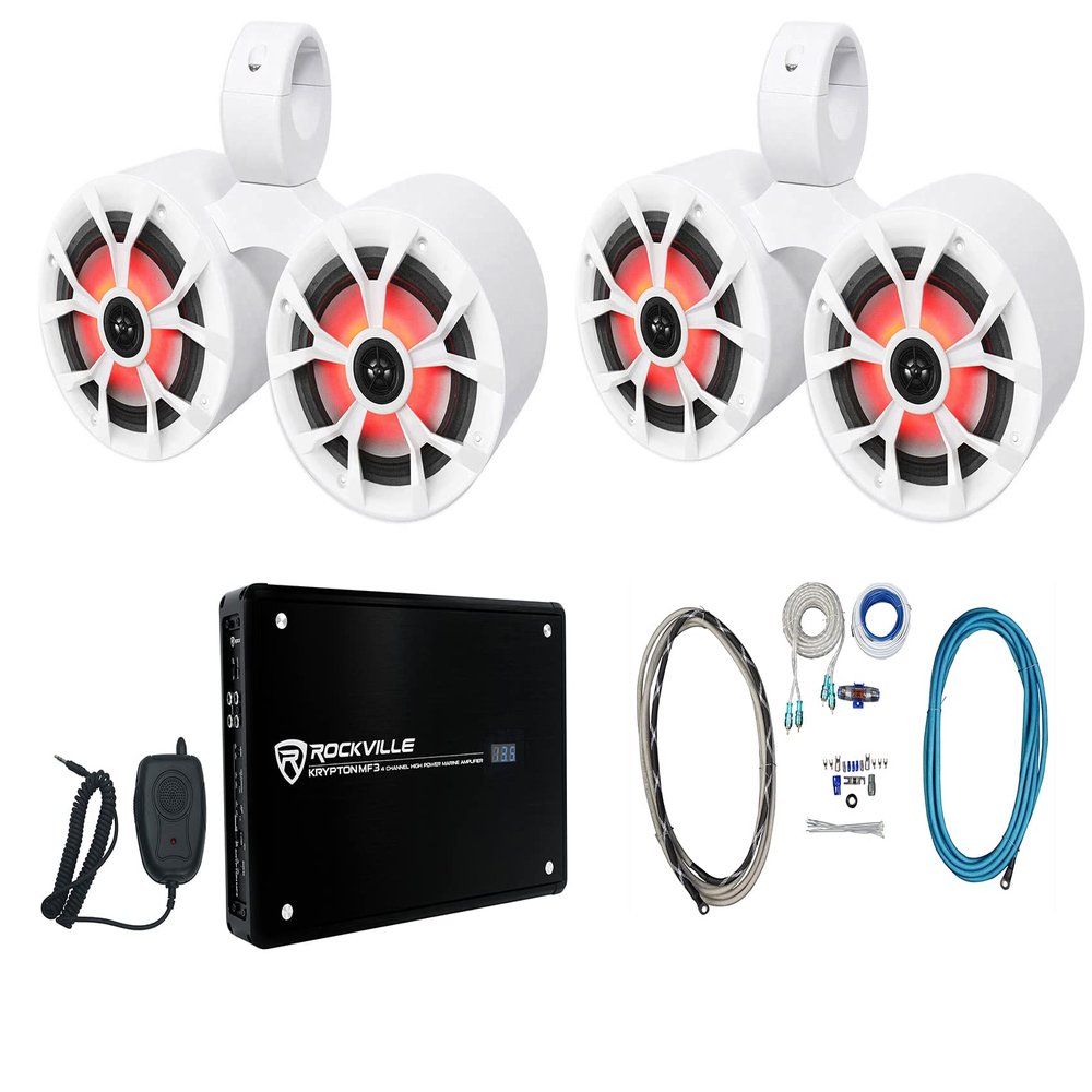 Rockville RKL65MBW Bundle: (4) 6.5 in 700W Peak / 170W RMS Marine Boat Speakers with LED, (2) DMAC65W Dual Tower Enclosures, Krypton MF3 4-Channel Marine Amplifier, RMWK4 4 AWG Install Kit, 8-Items